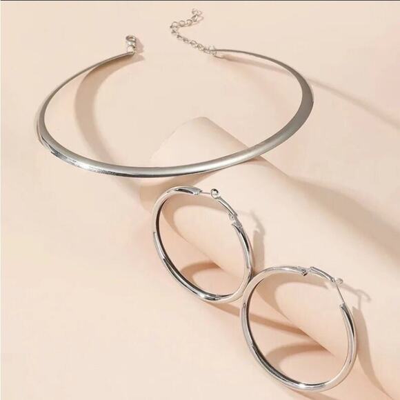Silver Tube Collar Torques Choker Earrings Hoop Matching Set - Picture 2 of 3
